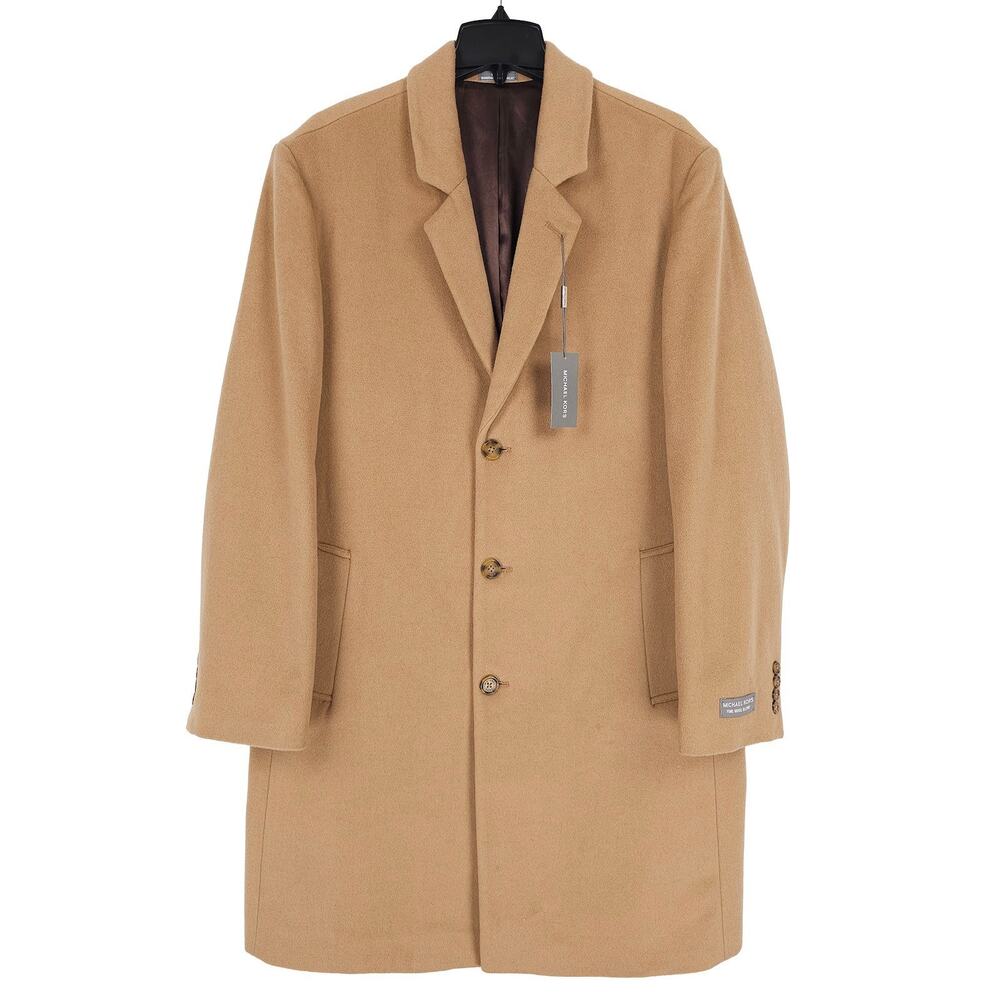 Michael Kors Mens Modern Fit Overcoat 44L Beige Camel Wool & Cashmere Blend NWT